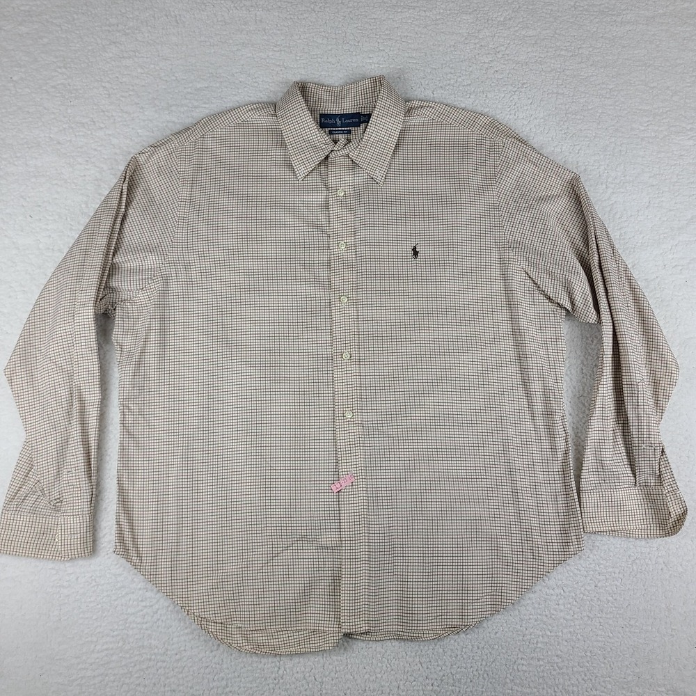 Ralph Lauren Dress Shirt Mens 18 36/37 Brown Check Classic Fit Button‎ Up VTG